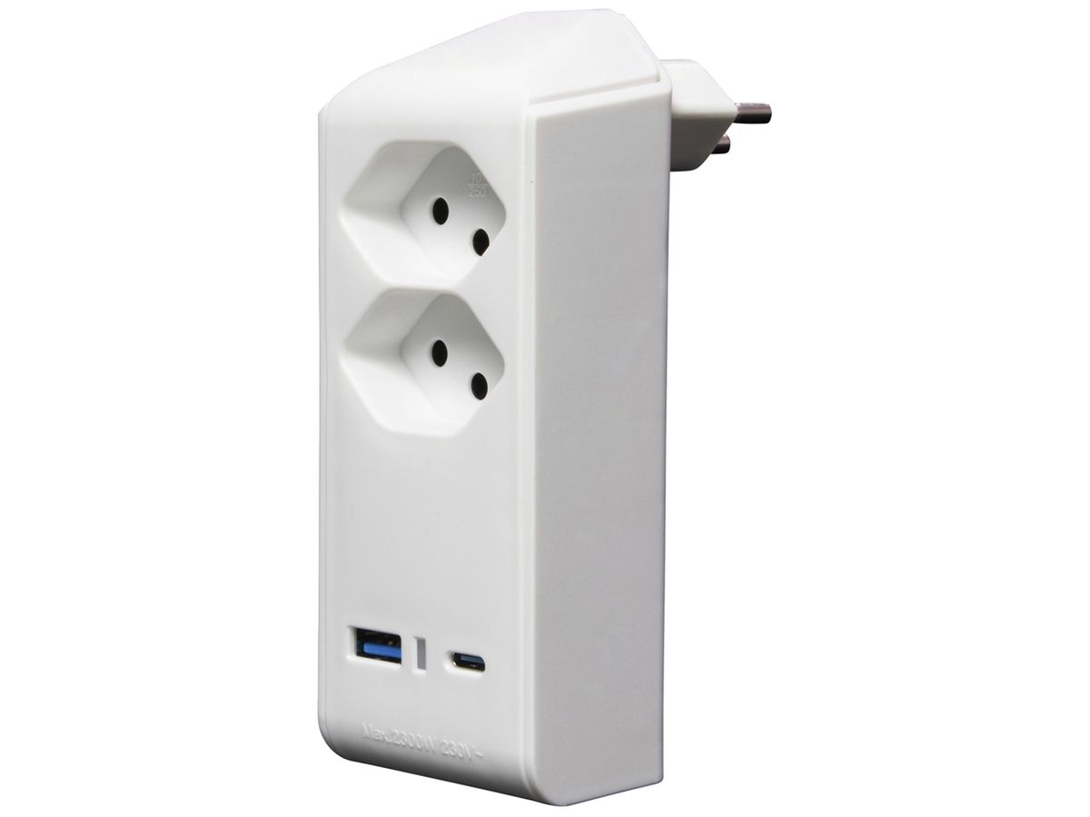 Abzweigstecker cleverLINE 2×T13 1×USB-A 1×USB-C 300° ohne Aufhänger weiss