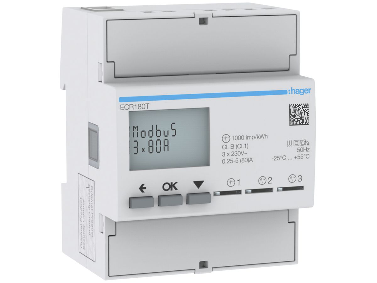 REG-Energiezähler HA ECR180T 3×1P direkt 80A Modbus Import+Export 2T+8T