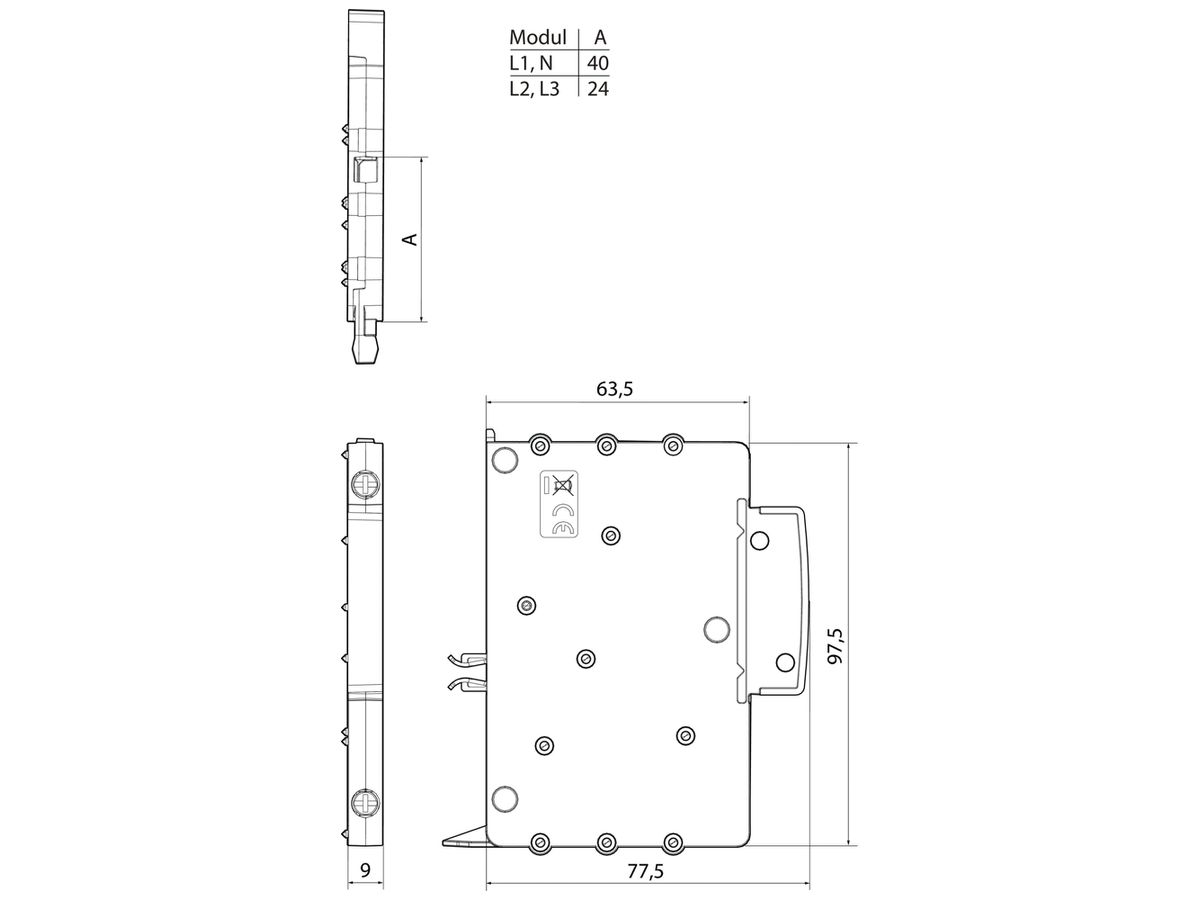 Einspeisemodul Hager uniway 63A, L3, Breite 9mm