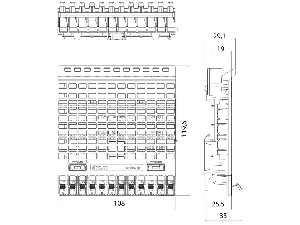 Stecksockel Hager uniway 125A 108mm 12 Steckplätze f.Sammelschienen 10×3mm 8 Stk
