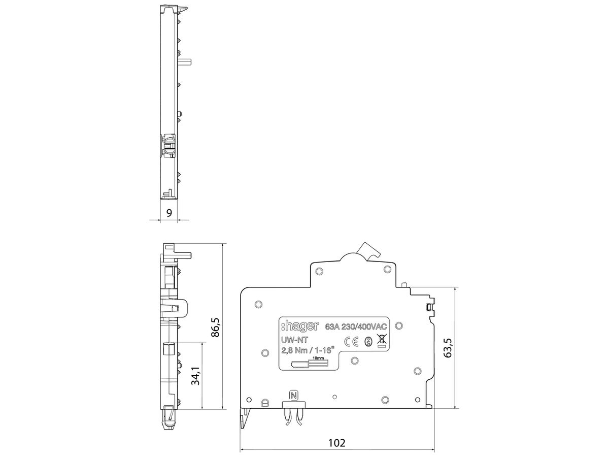 Neutralleitertrenner Hager uniway, Breite 9mm, 63A