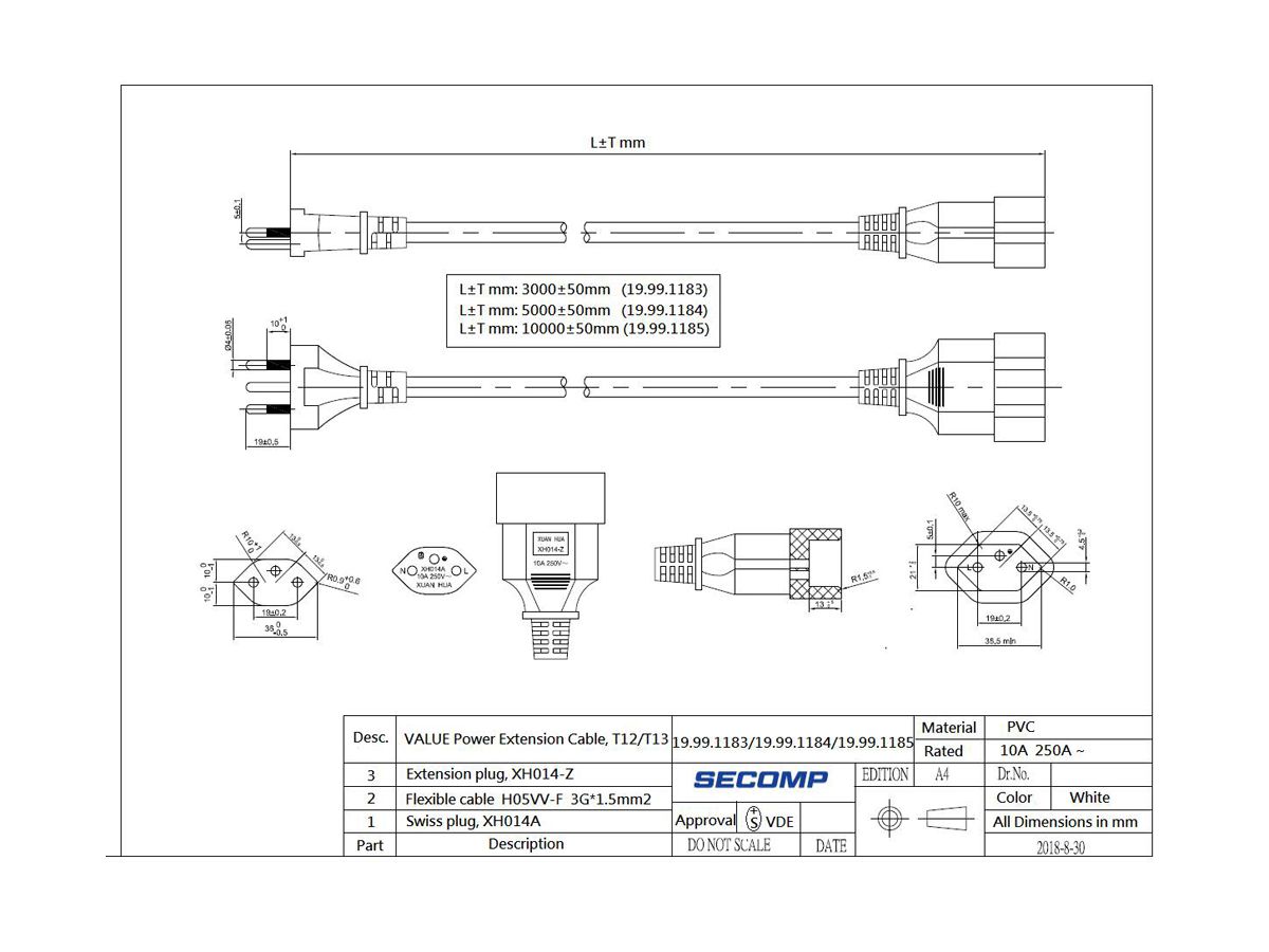 Apparatekabel VALUE T12 → T13 3×1.5mm² 250VAC/10A weiss 5m
