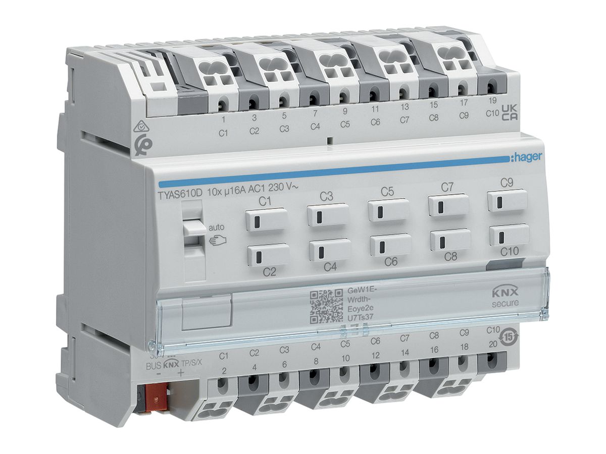REG-Schaltaktor KNX Hager 10 Ausgänge 16A 2300W 195…253V IP20 6TE