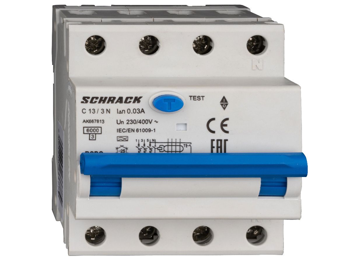 FI/LS-Schalter RCBO 4P 400V AMPARO - 3L+N C 13A 0.03A A 6kA Typ A 4TE Schrack