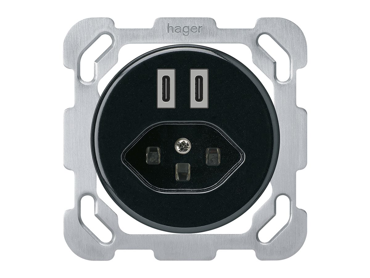 UP-USB-Ladesteckdose Hager basico C-C 20W+T23 5V 77×77mm schwarz
