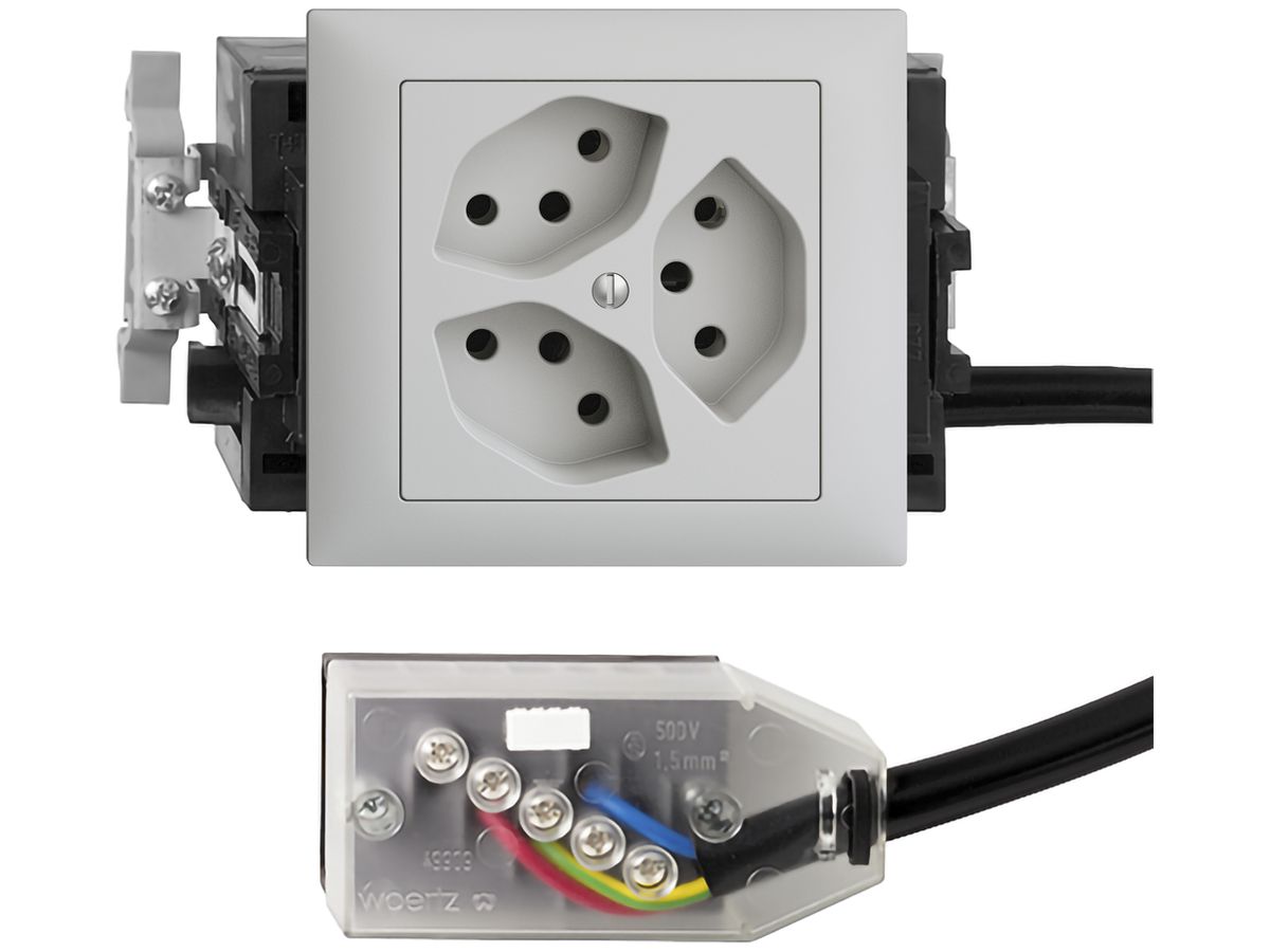 EB-Steckdose EDIZIOdue 3×T13 L1 53mm Snap hellgrau für Technofil