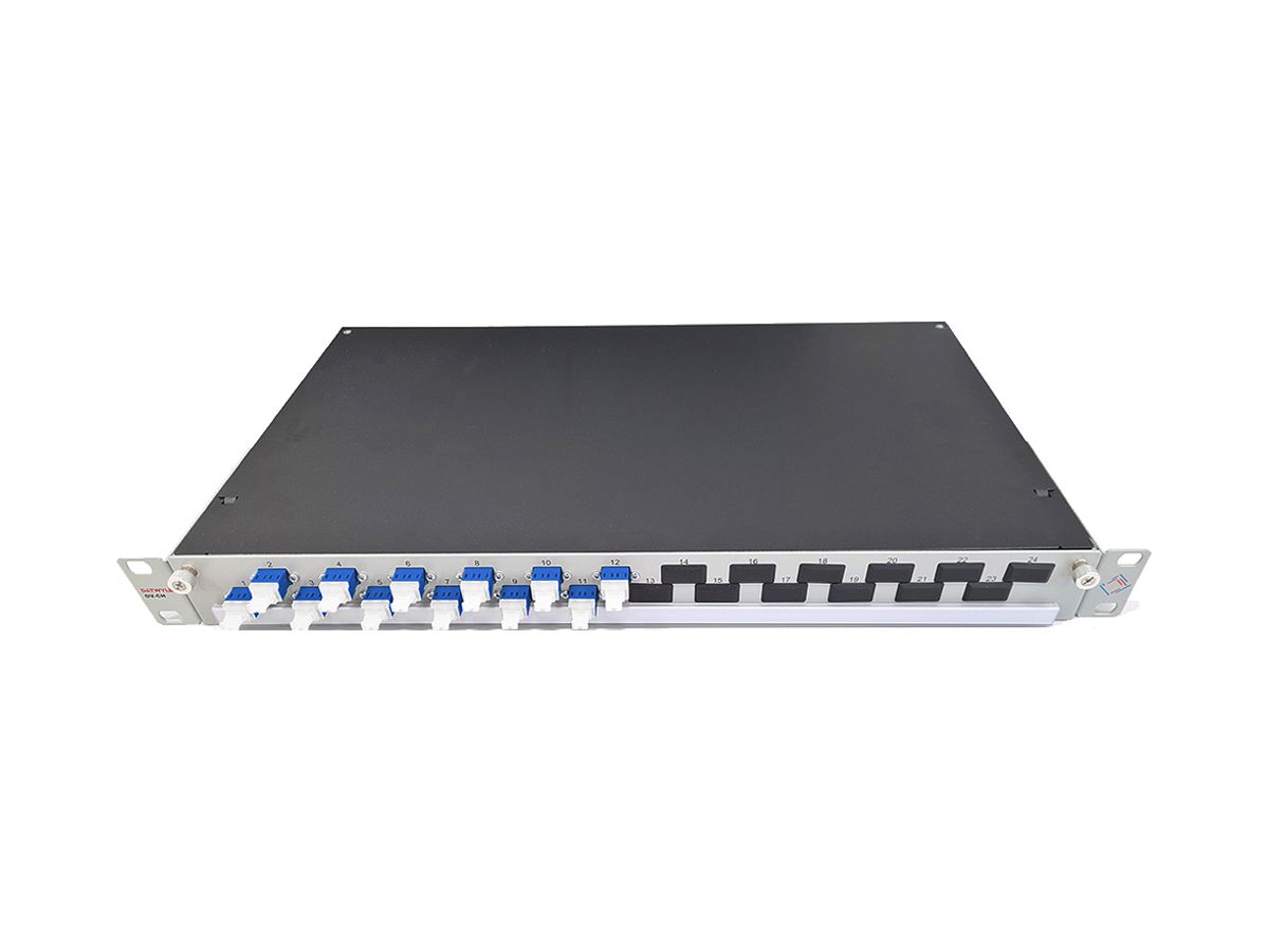 Spleissbox 19" Dätwyler OV-CH 12×LCD/PC blau OS2 versetzt 1HE Silber