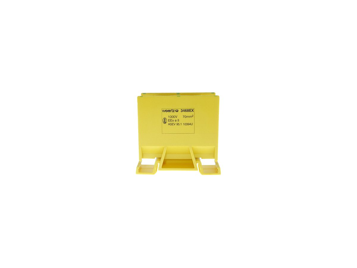 Abzweigklemme Woertz Ex 35…70mm² 192A 800V Schraubanschluss 2×1 TH35 grün/gelb