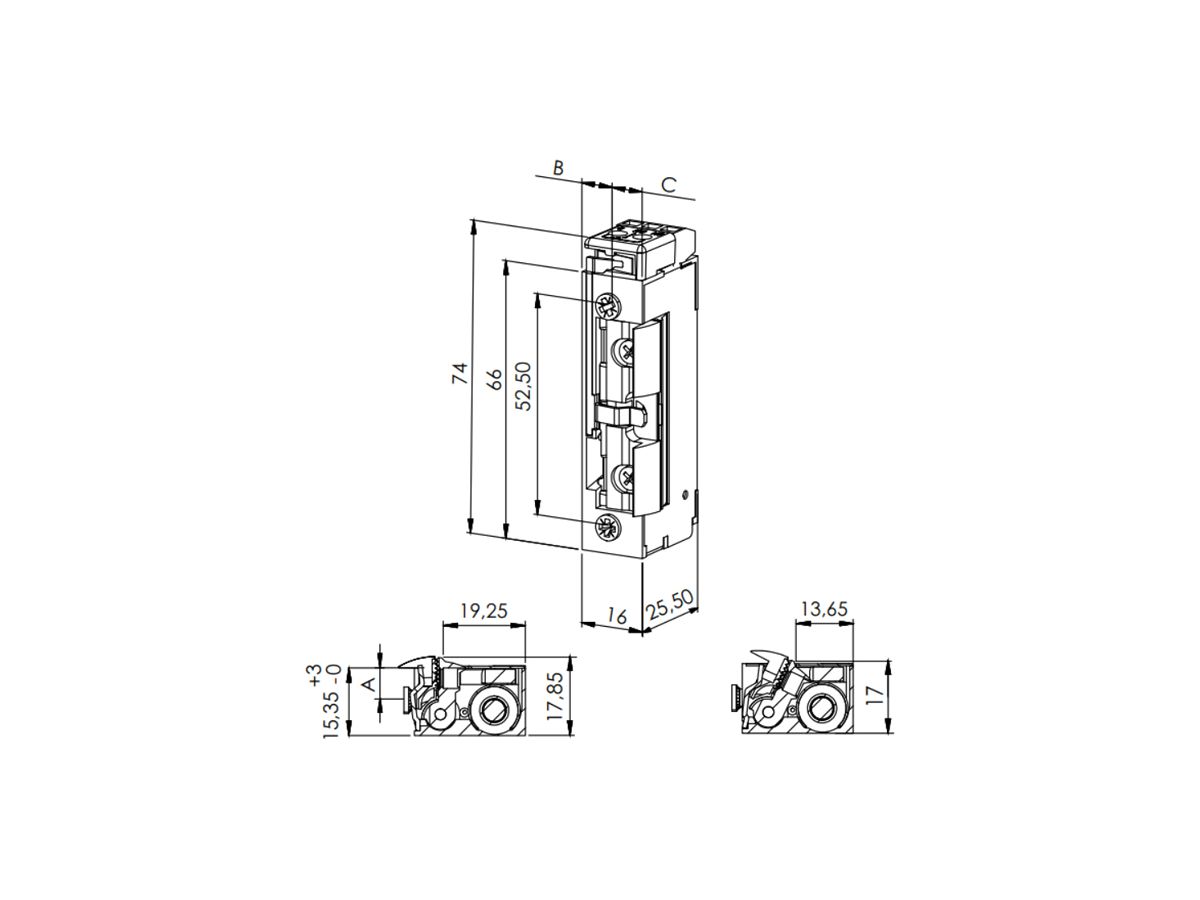 Türöffner BSW B3001--K, 10…24VUC, stromlos geschlossen, Radiusfalle