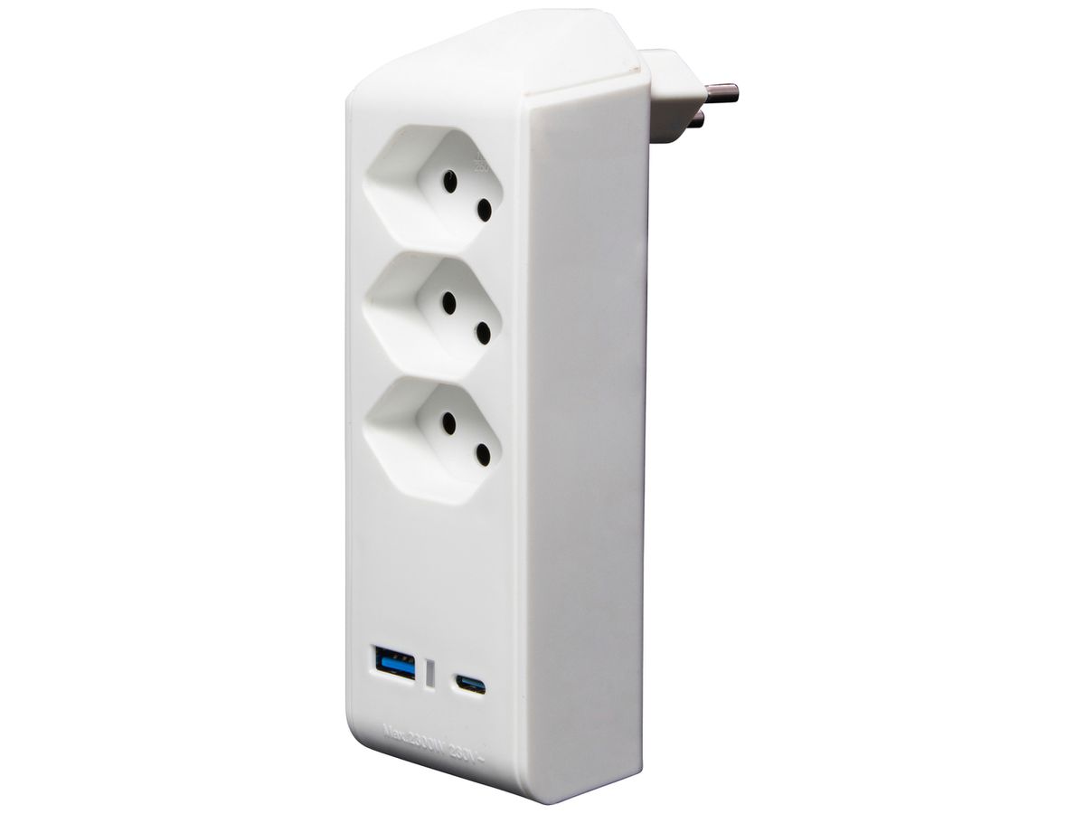 Abzweigstecker cleverLINE 3×T13 1×USB-A 1×USB-C 300° ohne Aufhänger weiss