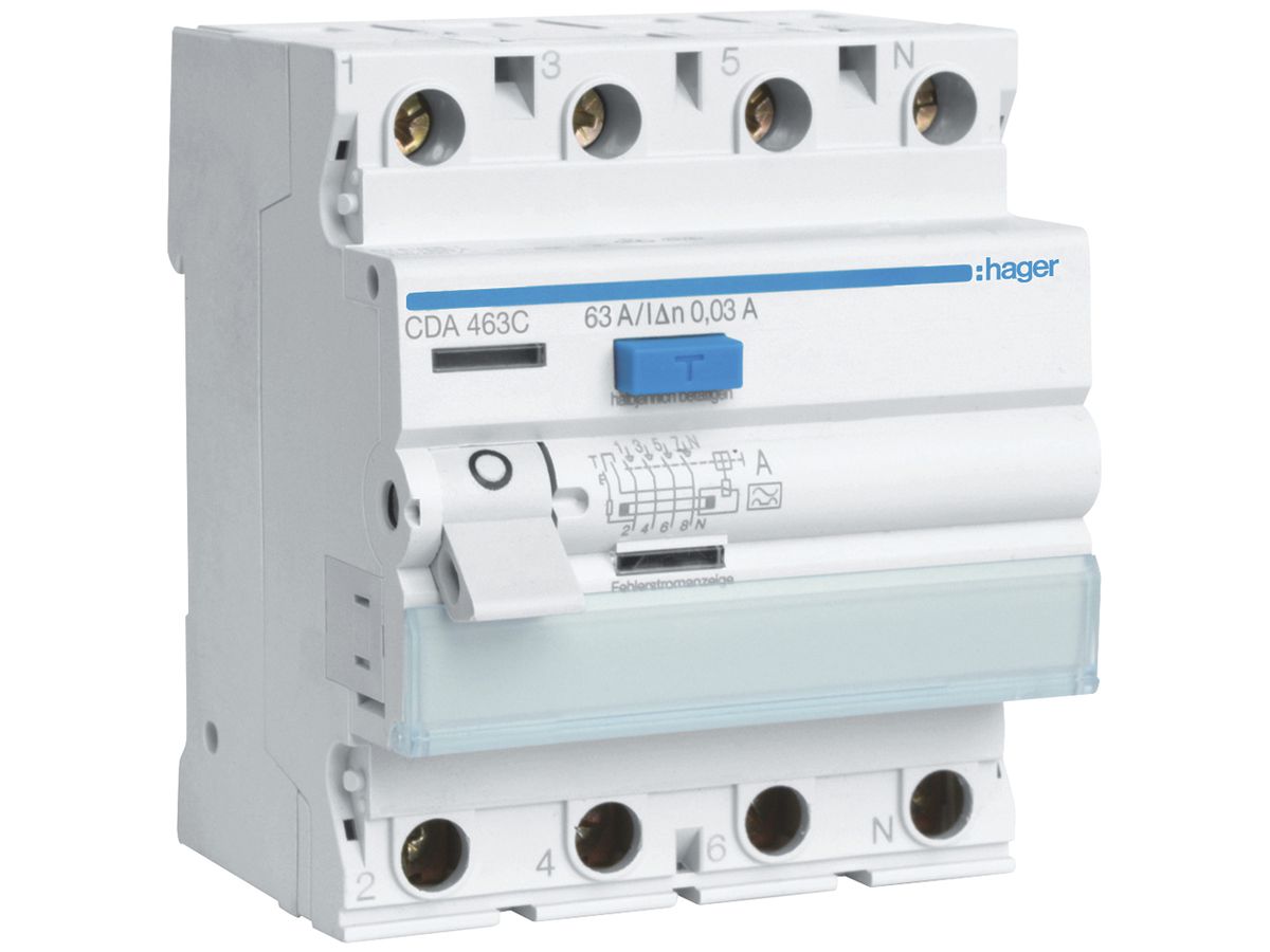 Fehlerstrom-Schutzschalter Hager RCCB (RCD) 4P 400V 0.03A Typ A 63A 4TE