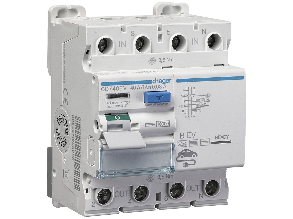 Fehlerstromschutzschalter Hager 3P+N 10kA 40A 30mA Typ B EV 4TE