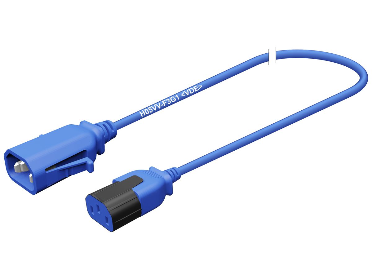 Apparatekabel Stecker C14 Buchse C13 verriegelt 3×1mm² 250VAC/10A blau 0.5m