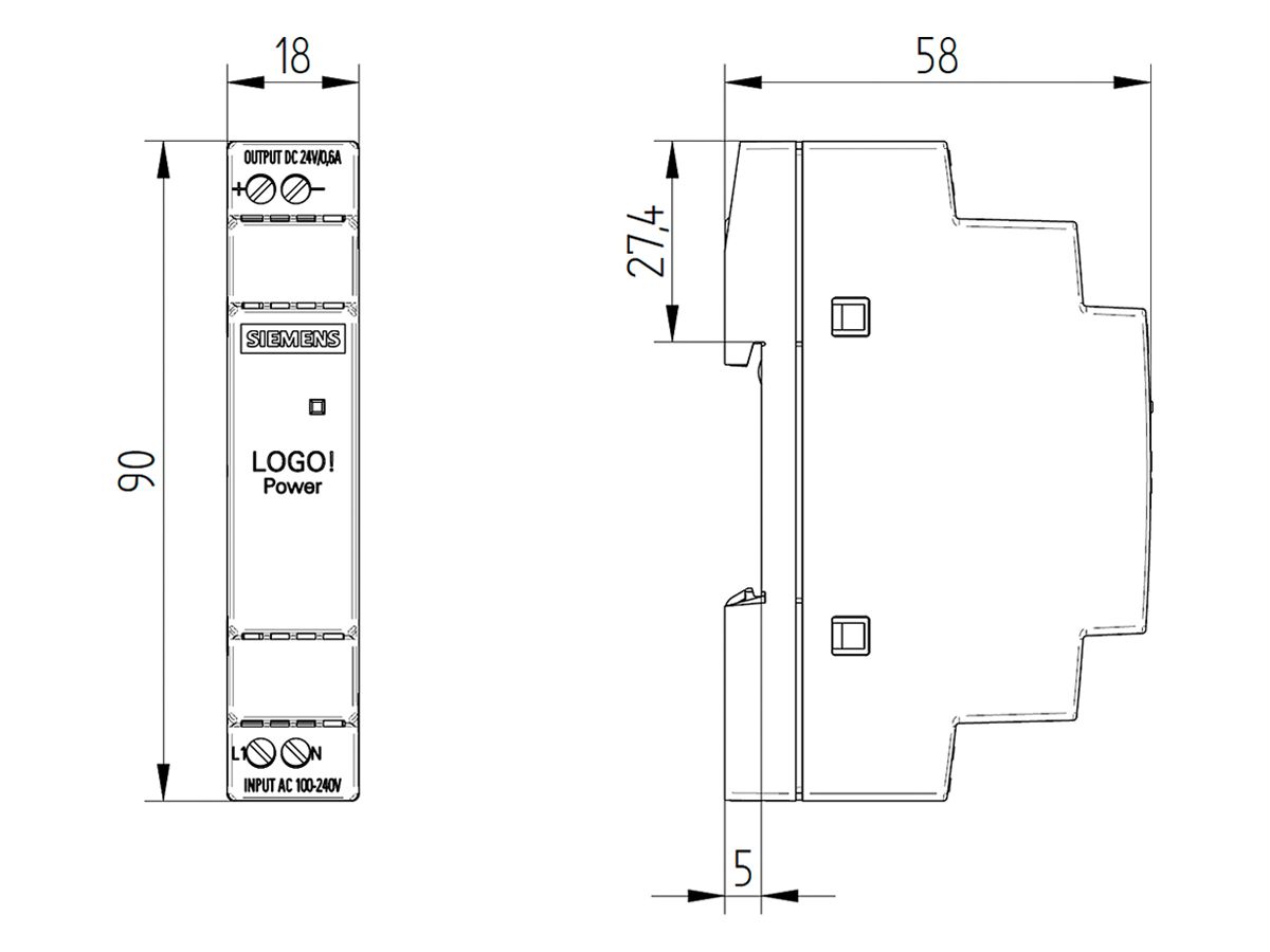 Stromversorgung Siemens LOGO!POWER, IN:100…240VAC, OUT:24VDC/0.6A, 1TE