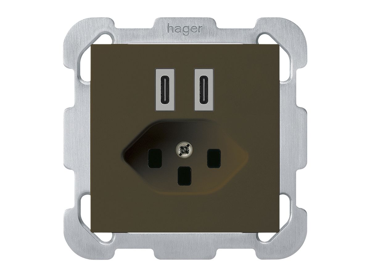 UP-USB-Ladesteckdose Hager kallysto C-C 20W+T23 5V 77×77mm braun