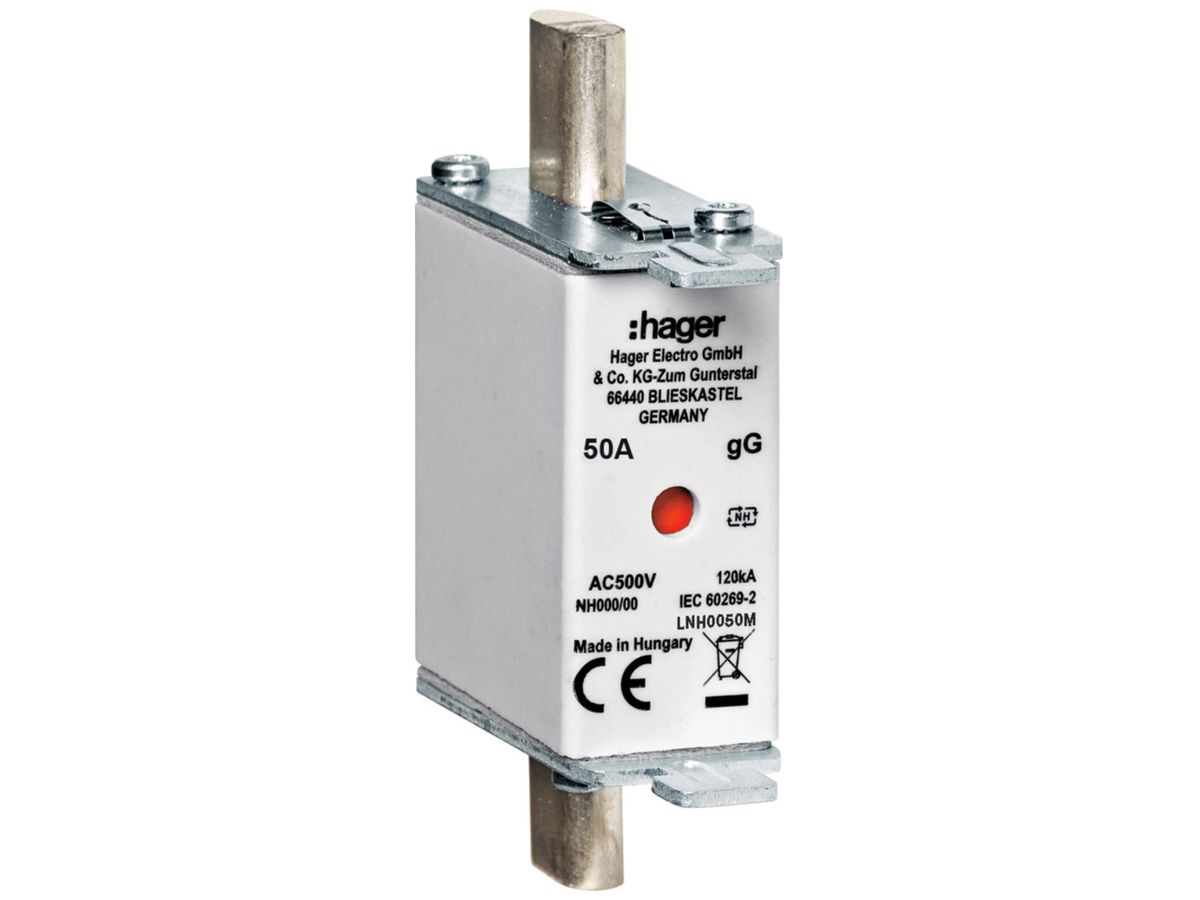 NH-Sicherung Hager DIN000 500VAC 50A gG/gL Doppelkennmelder rostgeschützt