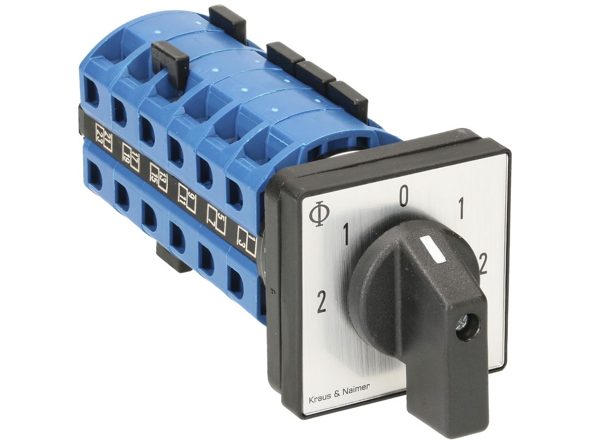 EB-Drehschalter K&N, 25A/690V 3L, Griff sz, 48×48mm, Ø6mm, "2-1-0-1-2"