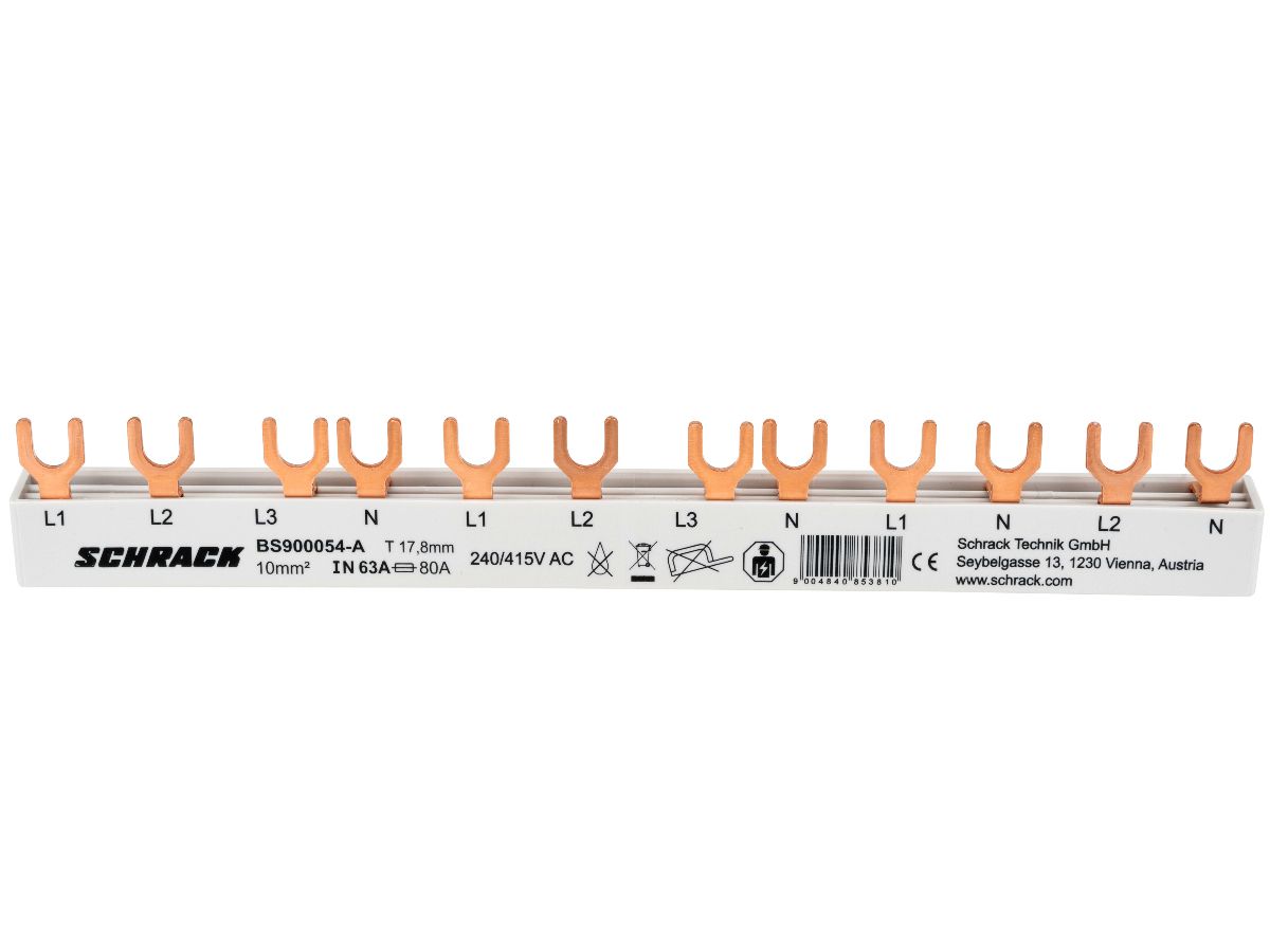 Kammschiene Schrack 4P 3L+N 10mm² - 2x L1L2L3N + L1+N-L2+N 12TE 216mm gu