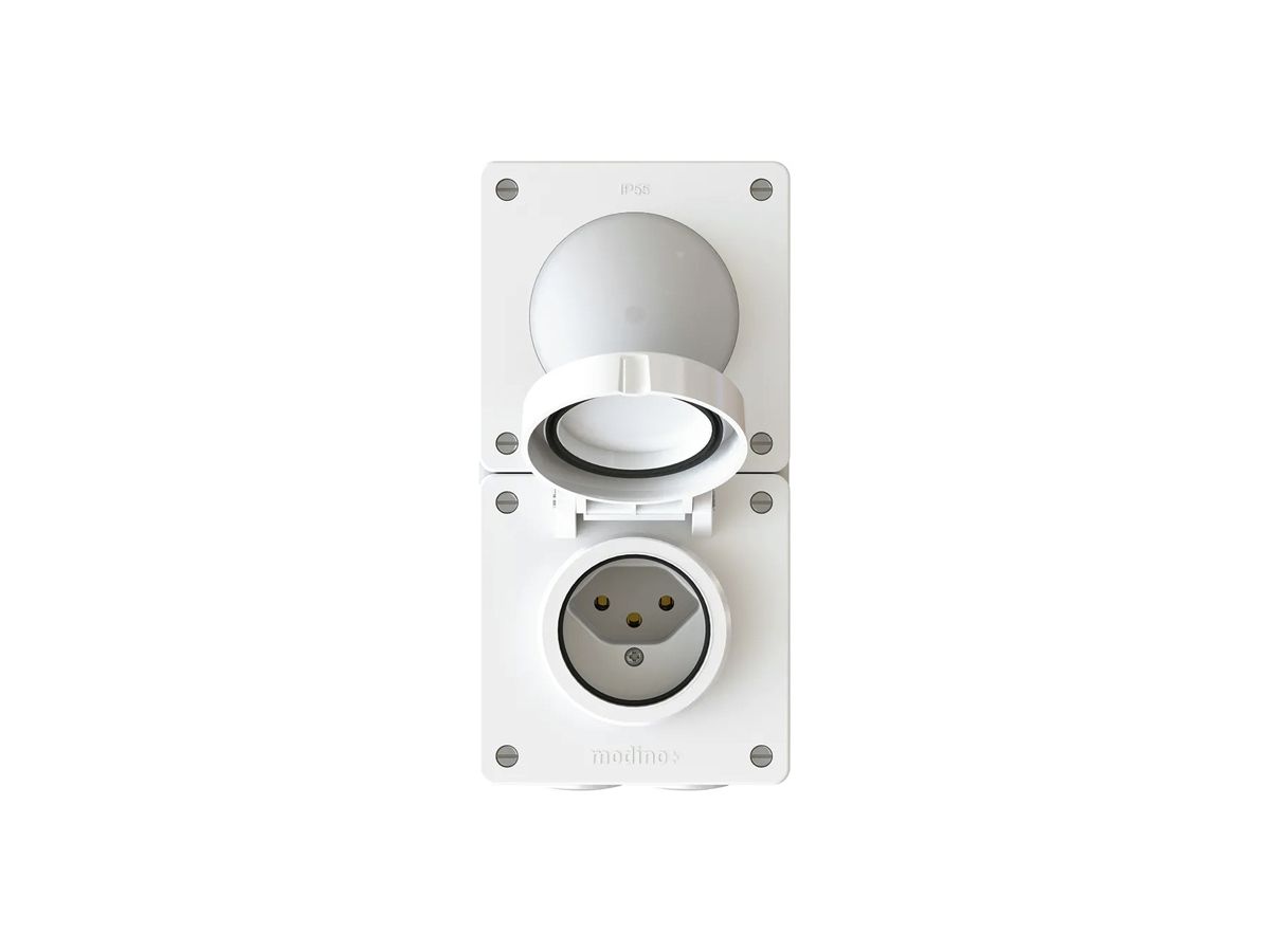 AP-Kombination EXO 2×1, Druckschalter S3 beleuchtet/Steckdose T13, IP55, weiss