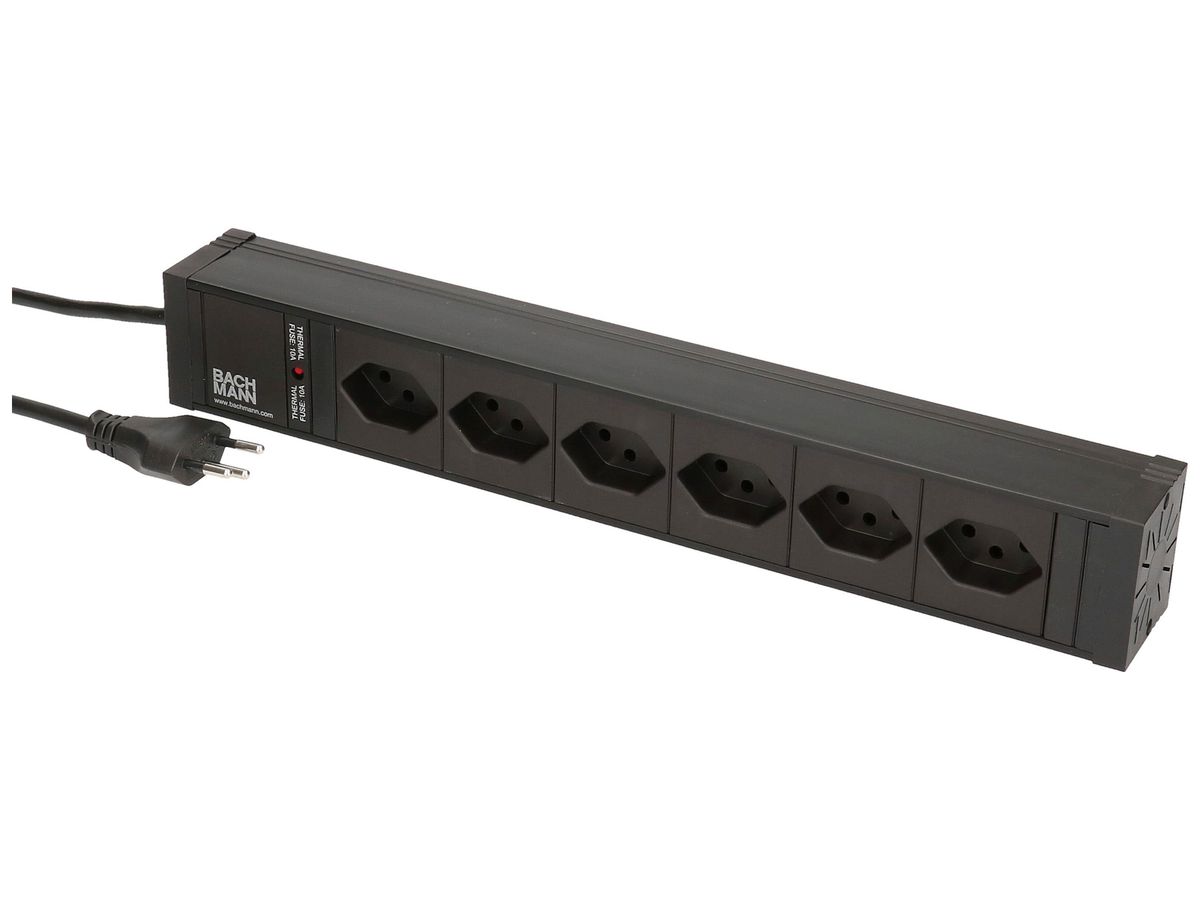 Steckdosenleiste 6×T13 TD 2m 3×1mm² mit AP-Befestigungslaschen schwarz