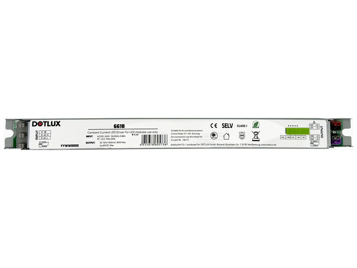 LED-Betriebsgerät DOTLUX 80W 20…50V 900…1600mA 1-10V 360×30×26mm
