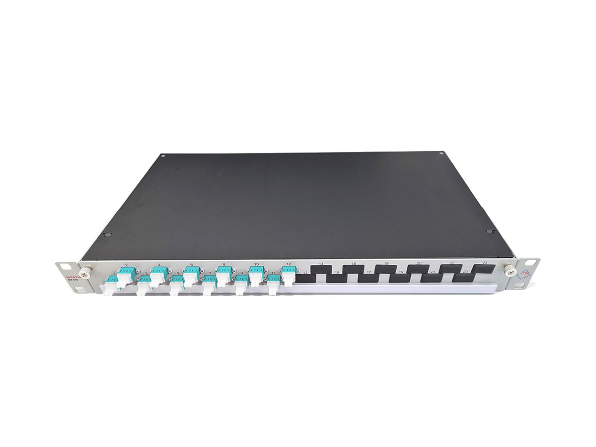 Spleissbox 19" Dätwyler OV-CH 12×LCD/PC türkis OM3 versetzt 1HE Silber