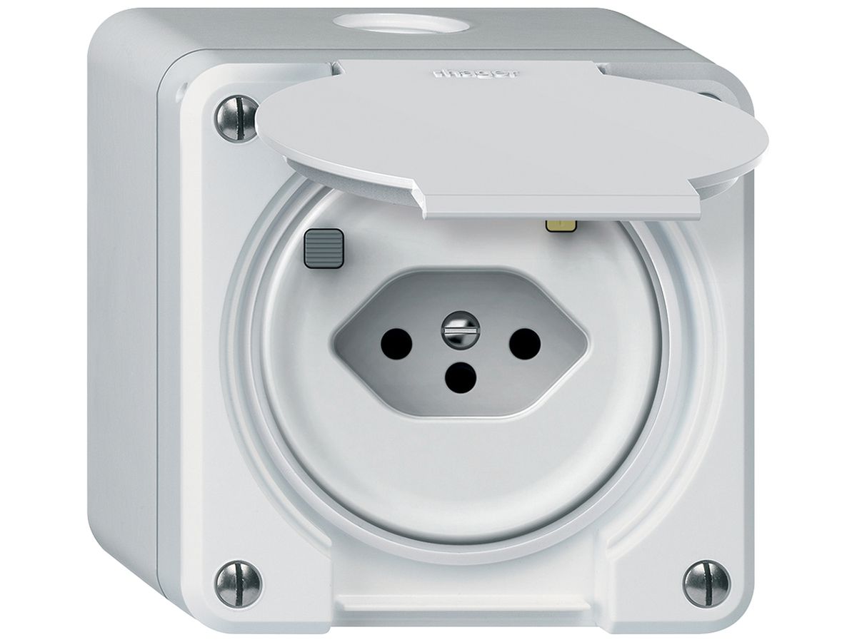 AP-Steckdose FI robusto 1×T13 30mA 10A 250V 86×86mm IP21 weiss