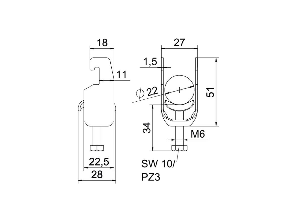 Schnellverleger BET 2056 U-Fuss Metall 16…22mm 1×Kabel A4 1.4571