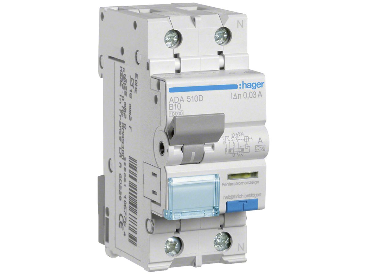 FI/LS-Schalter Hager RCBO 2P 240V Charakteristik B 10A 0.03A Typ A 10kA 2TE