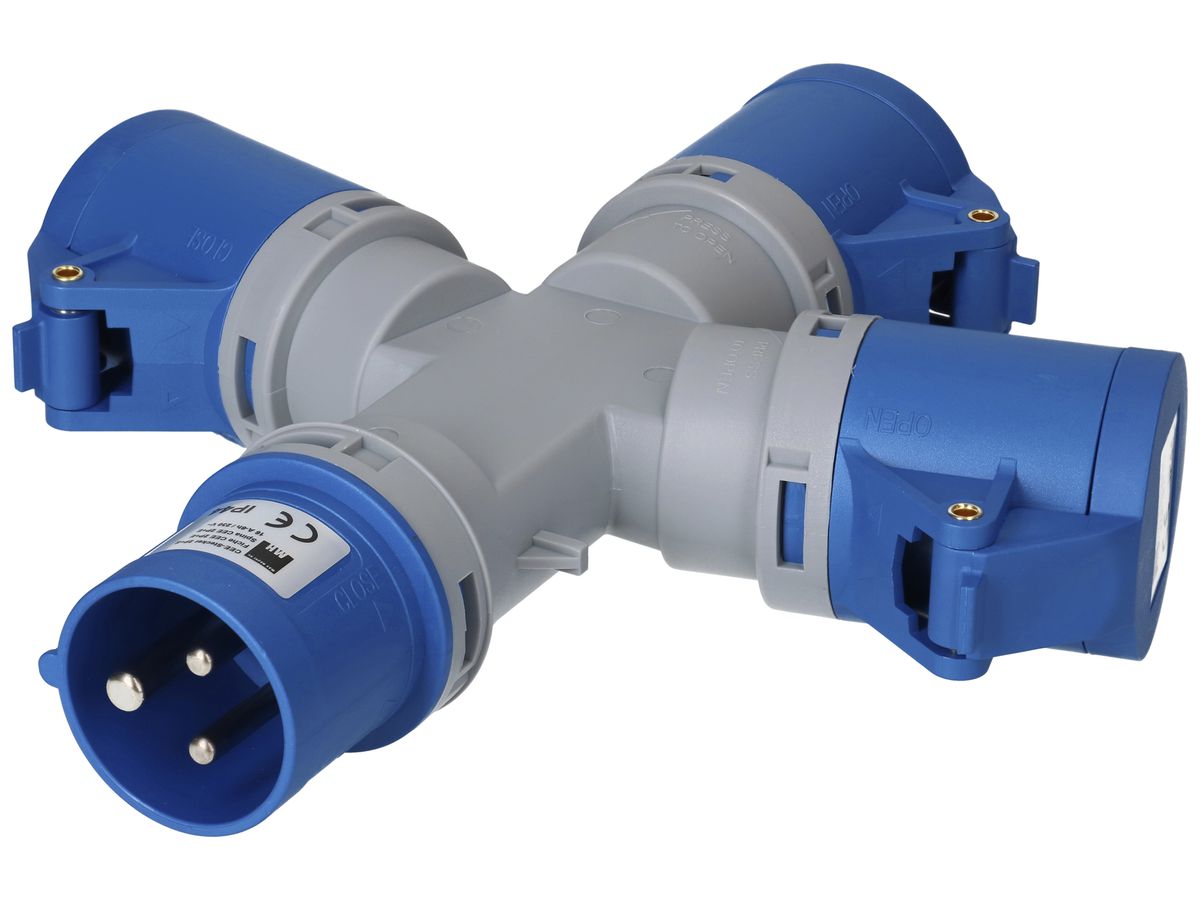 Kreuzverteiler MH 1×Stecker CEE 16A 3×Kupplung CEE 16A blau 230V IP44