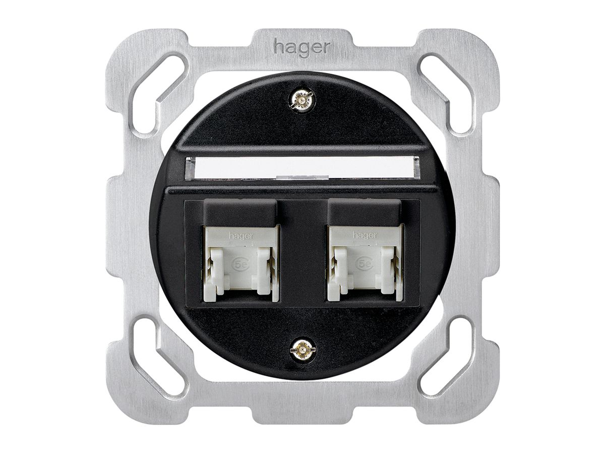 UP-Einsatz basico B Kat.5e 2×RJ45/u mit Befestigungsplatte Schrägauslass schwarz