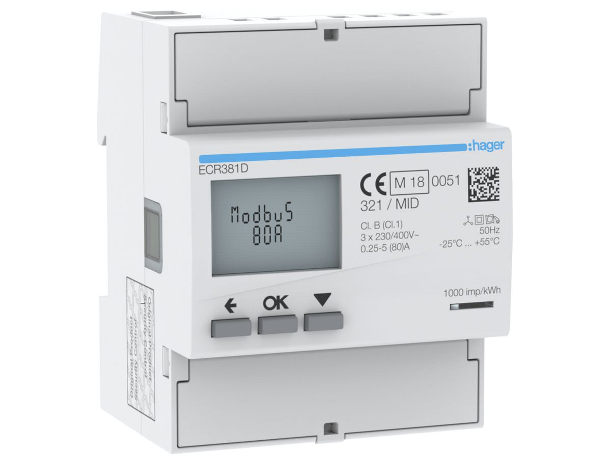 REG-Energiezähler HA ECR381D 3P direkt 80A Modbus MID Import+Export 2T+8T