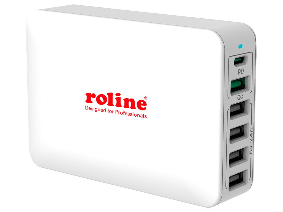 Netzgerät ROLINE 4×USB-A 1×USB-A-QC 1×USB-C 60W 20VDC 3A weiss