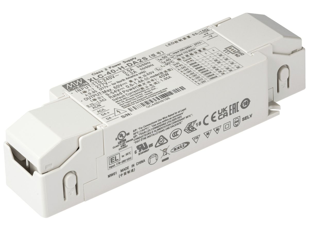 LED-Betriebsgerät MEAN WELL XLC 5.4…40W 9…54V 600…1400mA DALI 147×40×32mm