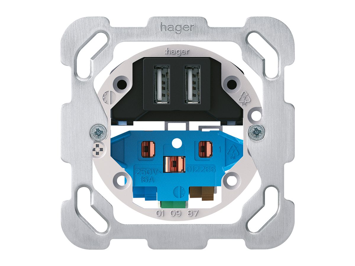 Einsatz zu UP-Steckdose 2×USB & T13/23 Hager Bauart F 2400mA