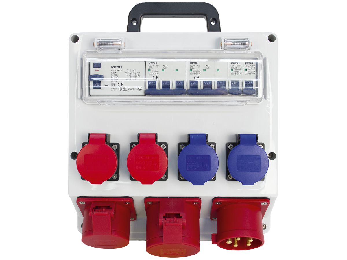 Stromverteiler Steffen 63A 2×T23 2×T25 1×CEE16 1×CEE32 mit FI IP55