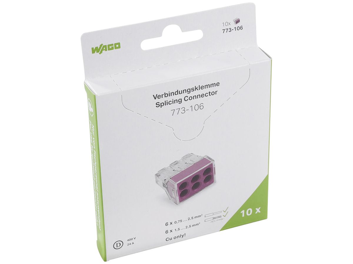 Verbindungsklemme WAGO 773-106 in Blister 10 Stück 6L 0.75…2.5mm² 24A 450V