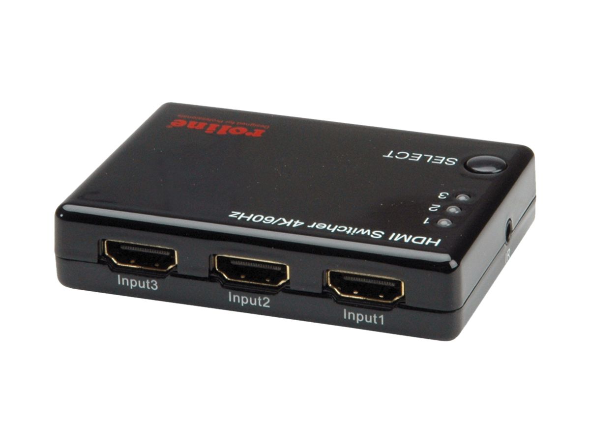 HDMI Switch ROLINE, 3×IN → 1×OUT, IR, aktiv, 4K@60Hz 3D
