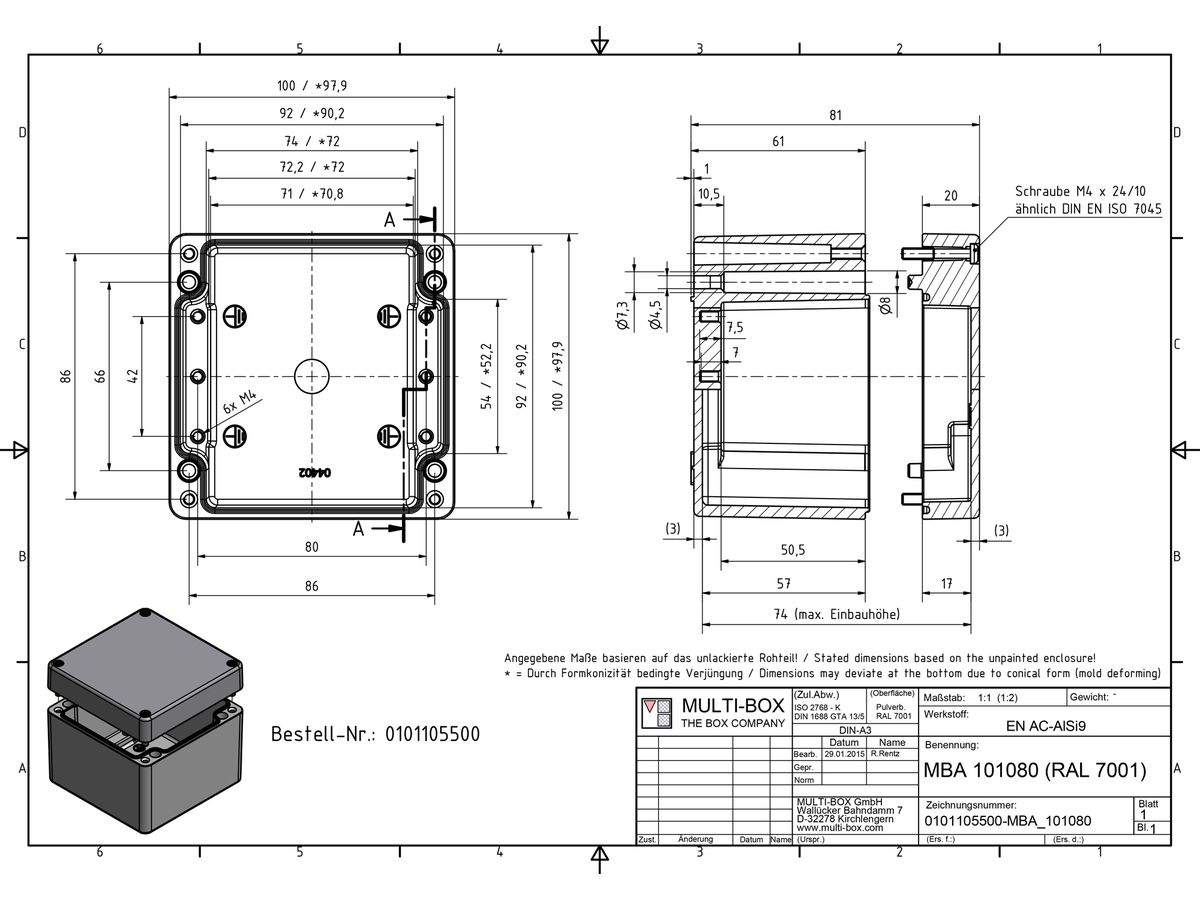 Aluminiumgehäuse SWIB ENSTO AG 100×100×81mm IP66 grau