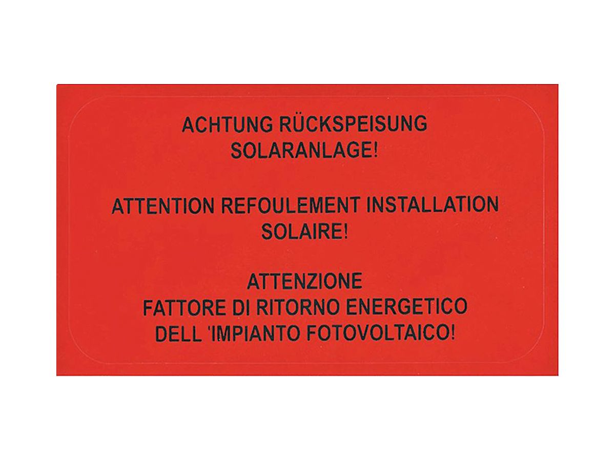 Etikette Plica EET UV HA DE/FR/IT: ACHTUNG RÜCKSPEISUNG SOLARANLAGE!
