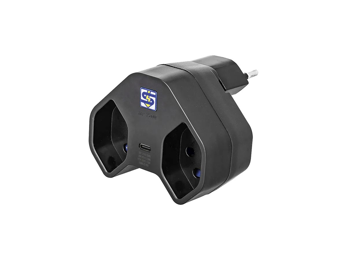 Mehrfachstecker A. Steffen MANTA 10A 2×T13 + 1×USB-C PD schwarz