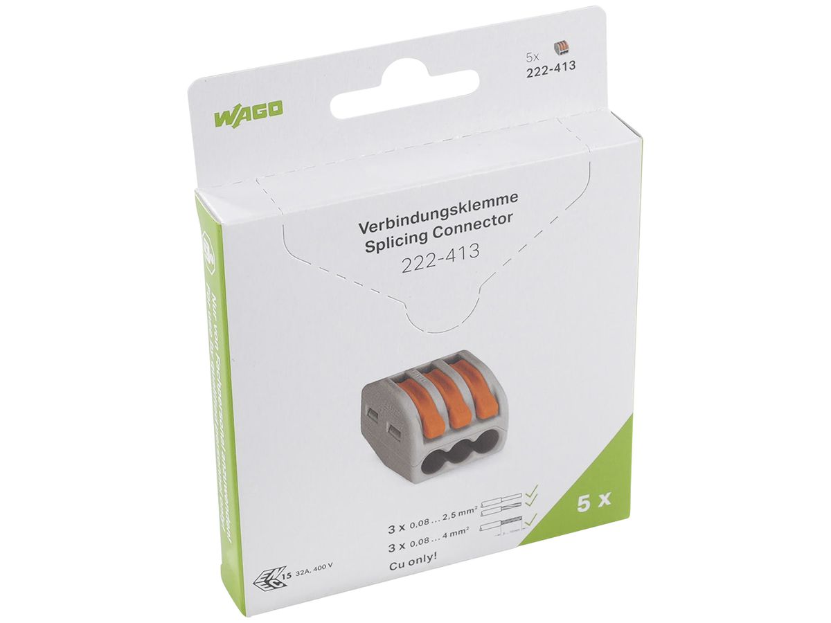 Verbindungsklemme WAGO 222-413 in Blister 5 Stück 3L 0.08…4mm² 32A 400V grau