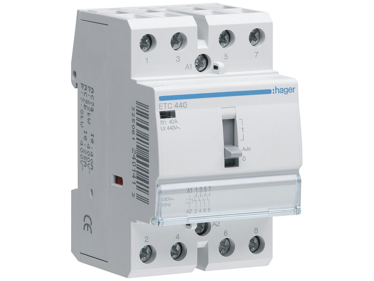REG-Schütz Hager 230VAC 4 Schliesser 0 Öffner 40A mit Tag-/Nachtfunktion 3TE