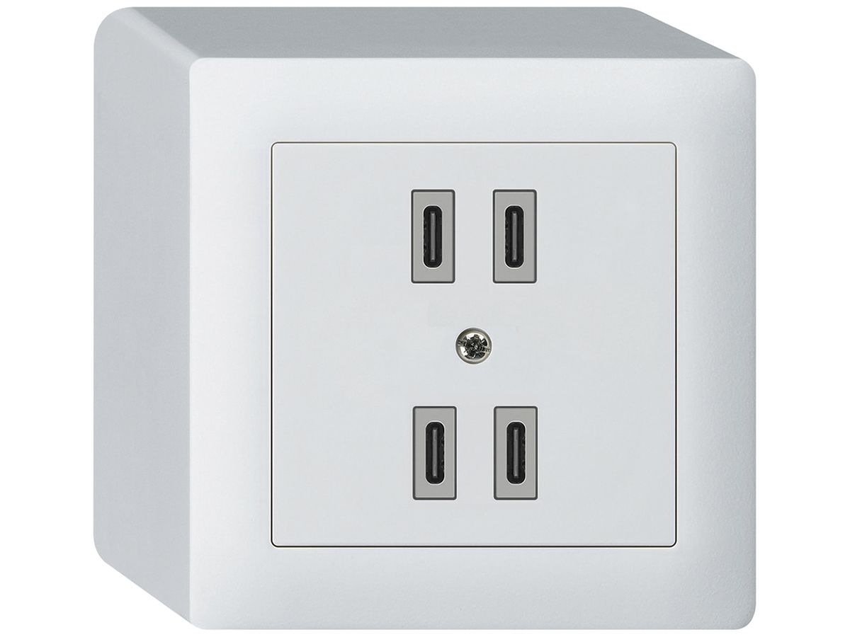 AP-USB-Ladesteckdose Hager kallysto 2×C-C 2×20W oder 4×10W 5V 86×86mm weiss