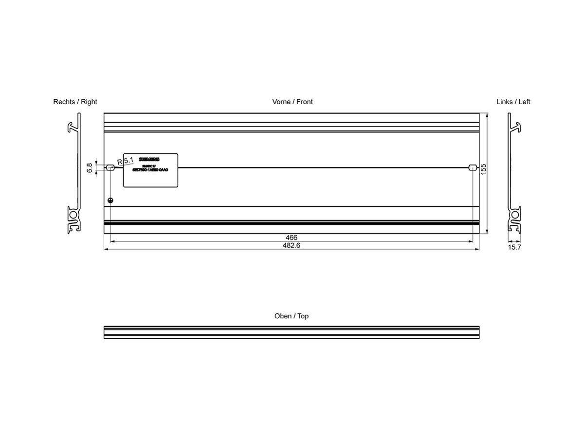 SPS-Profilschiene 19" Siemens SIMATIC S7-1500, mit Erdungsschraube