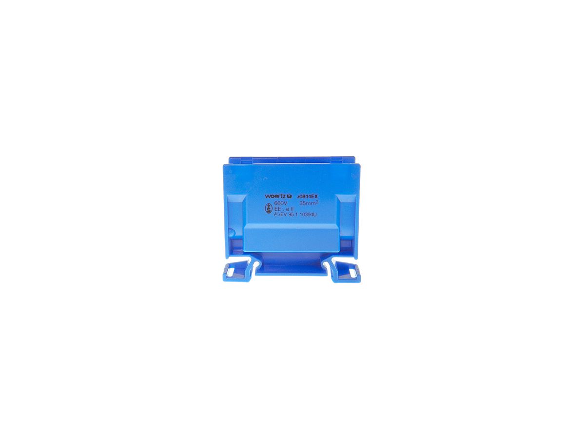 Abzweigklemme Woertz Ex 16…35mm² 125A 750V Schraubanschluss 2×1 TH35 blau
