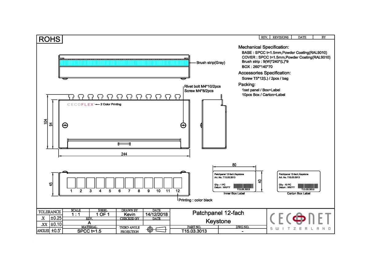 Patchpanel CeCoNet 12-Port, Keystone, leer