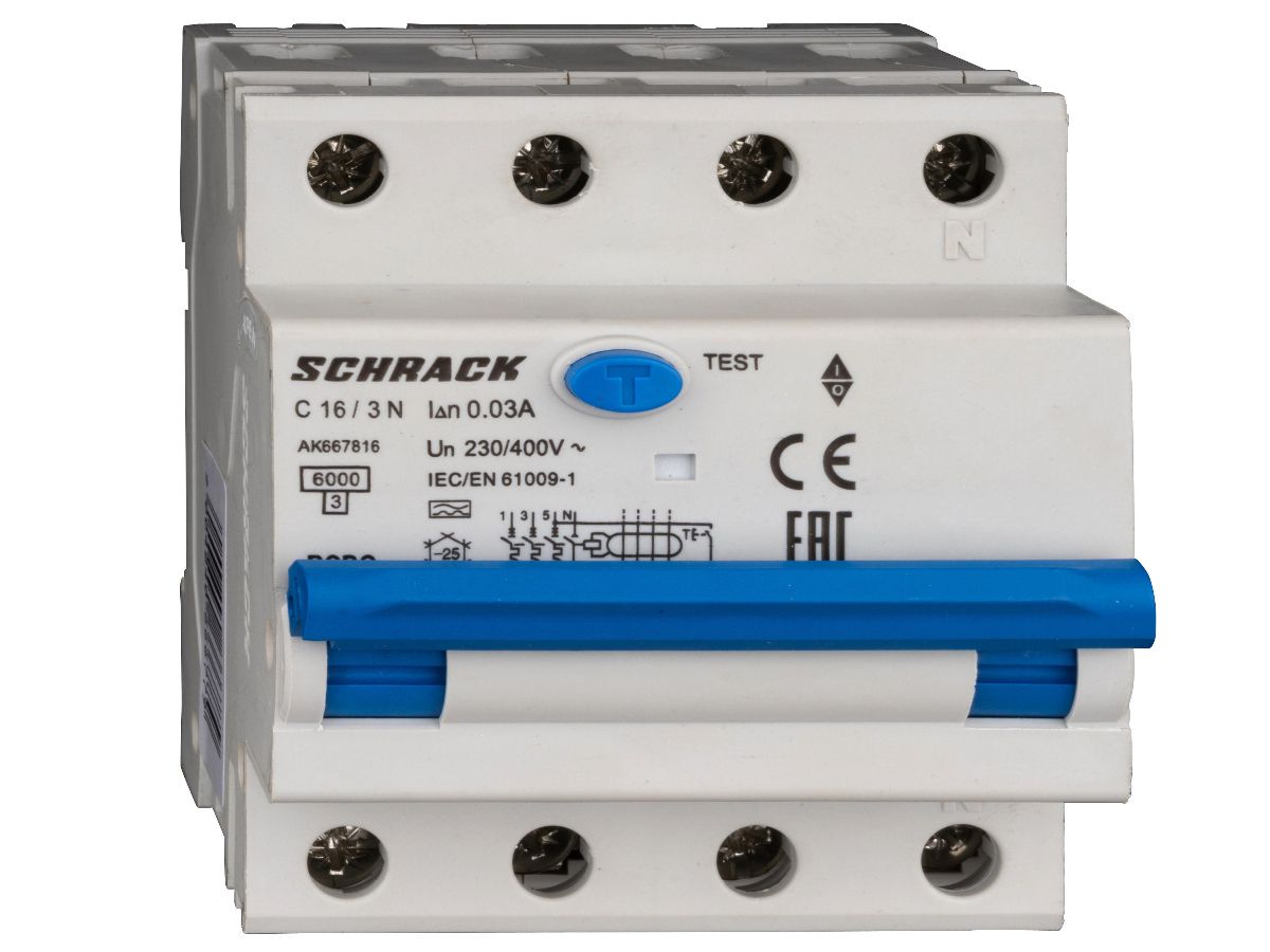 FI/LS-Schalter RCBO 4P 400V AMPARO - 3L+N C 16A 0.03A A 6kA Typ A 4TE Schrack