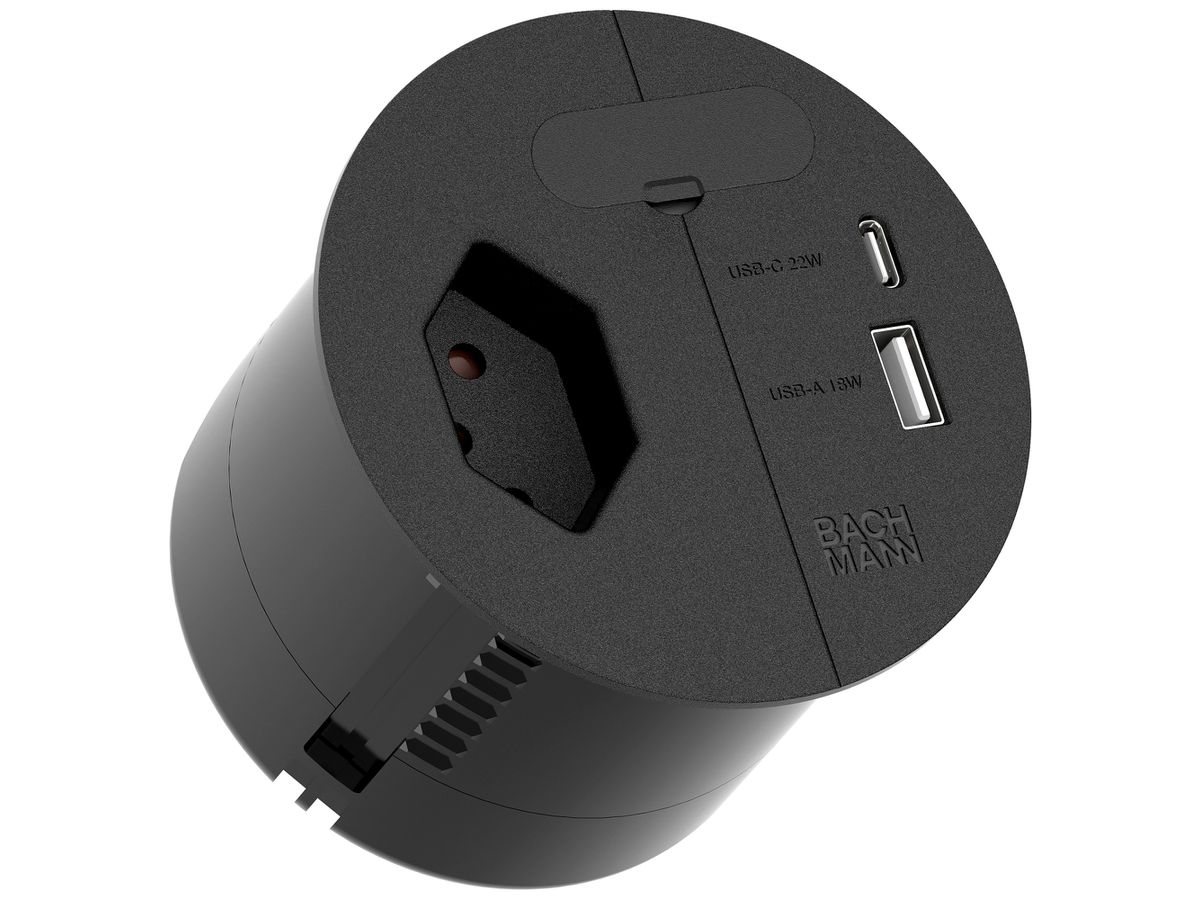 EB-Tischsteckdose BACHMANN LOOP IN CHARGE 1×T13 2×USB Ø80mm schwarz matt T12