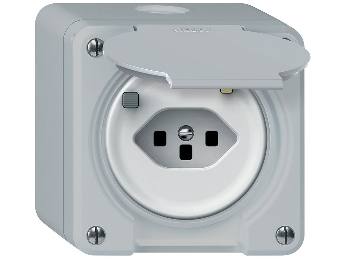 AP-Steckdose FI robusto 1×T13 30mA 10A 250V 86×86mm IP21 grau